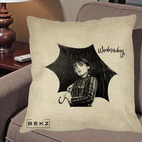 Perna Personalizata Wednesday Addams cu Umbrela Foto, 40x40 cm, Crem, Husa Detasabila, Perna Inclusa, BEKZ®