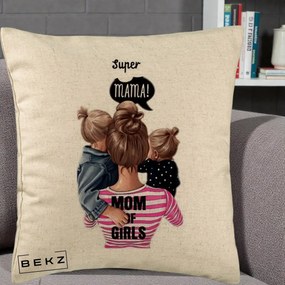 Cadou pentru Mama - Perna Personalizata Super Mama Mom of Girls, 40x40 cm, Bej, Husa Detasabila, Perna Inclusa, BEKZ®