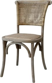 Scaun dining împletit vintage din lemn de hevea și ratan, bej, cu spătar curbat și arcuri din lemn sub șezut, finisaj patinat, 88 x 40 x 45 cm