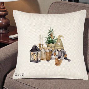 Perna Decorativa Gnom Scandinav cu Felinar, 40x40 cm, Crem Reliefat, Husa Detasabila, Perna Inclusa, BEKZ®