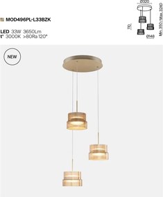 Lustra cu 3 pendule LED cu sticla canelata Scala bronz