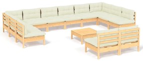 Set mobilier gradina cu perne crem, 13 piese, lemn masiv de pin maro si crem, 1