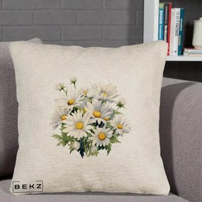 Perna Decorativa Buchet Margarete Albe Acuarela, 40x40 cm, Bej Canapea, Husa Detasabila, Perna Inclusa, BEKZ®