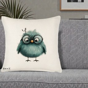 Perna Decorativa Pui Teal cu Ochelari Rotunzi, 40x40 cm, Crem Reliefat, Husa Detasabila, Perna Inclusa, BEKZ®