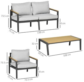 Outsunny Set Mobilier de Exterior 4 Piese cu Canapea, 2 Fotolii și Măsuță, Aluminiu și Perne Capitonate, Gri Deschis | Aosom Romania