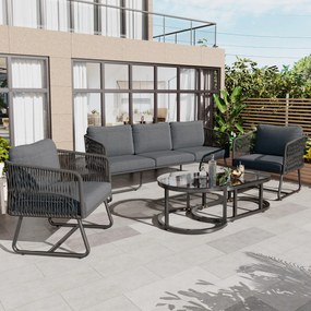 Set de lounge de grădină din 5 piese cu frânghie, picioare reglabile, blat de masă din sticlă netedă, inclusiv perne de șezut și spate, Gri