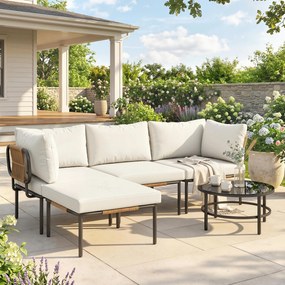 Outsunny Set Grădină, 5 Piese, Rattan Modular în L cu Perne, Culoare Bej | Aosom Romania