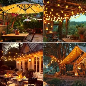 Ghirlandă solară decorativă LED, 50 LED, 8 funcții, acumulator 500 mAh, 9,5 m, IP67, alb cald