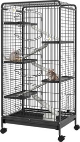 PawHut Cușcă pentru Animale Mici și Rozătoare cu Roți, 5 Rampe și 5 Platforme, 61.5x44x131 cm, Negru | Aosom Romania