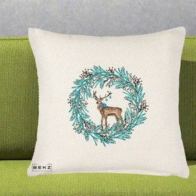 Perna Decorativa Coroana Turcoaz cu Ren, 40x40 cm, Crem Reliefat, Husa Detasabila, Perna Inclusa, BEKZ®