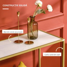 HOMCOM Masă Consolă de Hol din Oțel și Sticlă Calită, Design Modern, Picioare Reglabile, Alb și Auriu | Aosom Romania