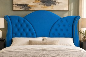 Pat tapițat Chesterfield din catifea Velora Deluxe Classic 140×200 cm, albastru, cu ladă de depozitare