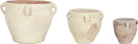 Set 3 ghivece decorative din teracotă artizanală, finisaj craft alb-crem, cu 4 anse fiecare, 45×45×38 cm, „Jerba"