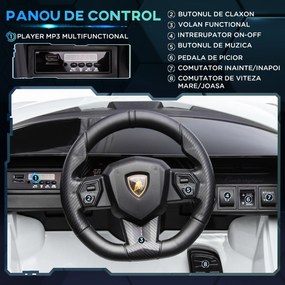 HOMCOM Masina Electrica pentru Copii 3-5ani, Auto Electrica Lamborghini 12V cu Faruri si Muzica, Telecomanda si Viteza 3-8km/h, 108x62x40cm, Alb