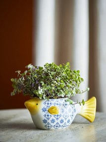 Ghiveci decorativ din ceramică albă în formă de pește cu model floral albastru pictat manual, 25×9×11 cm, „Wrenna"