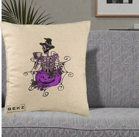 Perna Decorativa Schelet Vrajitor cu Dovleac Violet Halloween, 40x40 cm, Bej, Husa Detasabila, Perna Inclusa, BEKZ®
