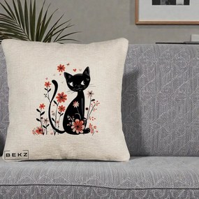 Perna Decorativa Pisica Neagra Flori Roz si Inimi, 40x40 cm, Bej Canapea, Husa Detasabila, Perna Inclusa, BEKZ®