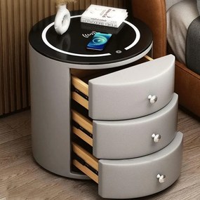 Noptieră inteligentă multifuncțională rotundă, 3 sertare, iluminare LED-uri Touch, încărcare fără fir, încărcare USB, difuzor Bluetooth, sticlă securizată, Gri