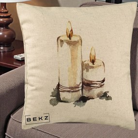 Perna Decorativa Lumanari Acuarela Iarna, 40x40 cm, Bej, Husa Detasabila, Perna Inclusa, BEKZ®