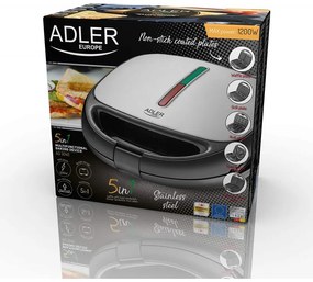 Aparat pentru sandvisuri si deserturi Adler AD 3040, 1200W, 5 modelel placi, Acoperire antiaderenta, Negru/Argintiu