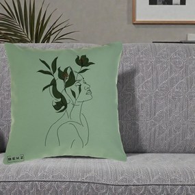 Perna Decorativa Portret Feminin Crin Verde, 40x40 cm, Verde, Husa Detasabila, Perna Inclusa, BEKZ®