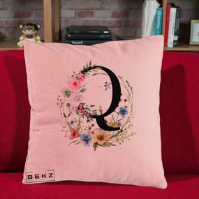 Cadou Personalizat - Perna Personalizata Monogram Litera Q cu Flori Acuarela, 40x40 cm, Roz, Husa Detasabila, Perna Inclusa, BEKZ®