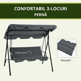 Outsunny Leagăn de Grădină cu 3 Locuri cu Copertină și Cadru din Oțel și Poliester, 172x110x153 cm, Gri