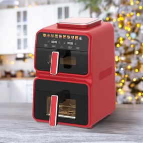 Friteuză cu aer cald NostroLux Noir-Rogue NL51980CD, 3000 W, 4,5 + 6,5 l, 12 programe, până la 200 °C, 2 zone independente, deshidratare, sincronizare, ecran tactil, cronometru, roșu/negru