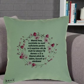 Cadou pentru Mama - Perna Personalizata Mama Mea Mesaj Floral, 40x40 cm, Verde, Husa Detasabila, Perna Inclusa, BEKZ®