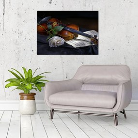 Tablou pe sticlă - Trandafiri și vioară (70x50 cm)