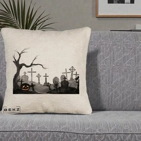 Perna Decorativa Halloween Cimitir Acuarela cu Dovleac, 40x40 cm, Bej Canapea, Husa Detasabila, Perna Inclusa, BEKZ®