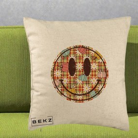 Perna Decorativa Smiley Face de Toamna cu Tartan si Dovlecei, 40x40 cm, Bej, Husa Detasabila, Perna Inclusa, BEKZ®