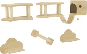 PawHut Set de cățărat pentru pisici, 5 piese, cu stâlp pentru zgâriat, platforme de săritură, scară, căsuță, montare pe perete, bej | Aosom Romania