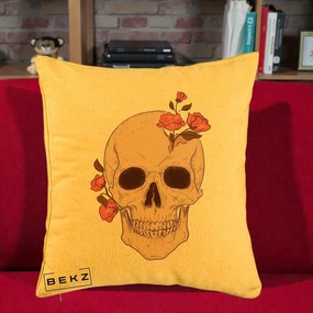 Perna Decorativa Craniu Floral Gothic, 40x40 cm, Galben, Husa Detasabila, Perna Inclusa, BEKZ®