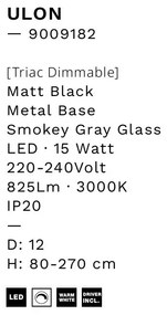 Pendul LED modern, Metal, Negru, Sticla, Fumurie, Ulon