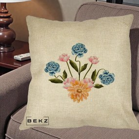 Perna Decorativa Buchet Primavara Acuarela, 40x40 cm, Crem, Husa Detasabila, Perna Inclusa, BEKZ®