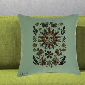Perna Decorativa Soare Boho Folk Fluturi, 40x40 cm, Verde, Husa Detasabila, Perna Inclusa, BEKZ®