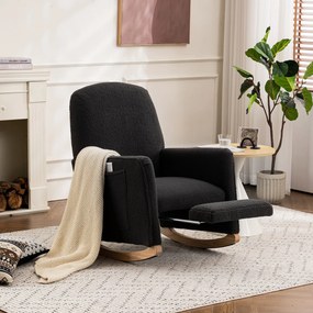 Scaun balansoar cu taburet, fotoliu de relaxare cu spătar înalt, material Teddy, 67x96-127x96 cm, Gri închis