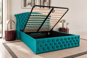 Pat tapițat Velluto 180×200 cm, turcoaz, cu ladă de depozitare