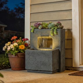 Outsunny Fântână arteziană în 2 trepte, fântână de grădină cu iluminare LED, ghiveci pentru plante, pompă, aspect piatră, reglabil 45 x 31,5 x 58,5 cm | Aosom Romania