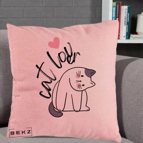 Perna Personalizata Cat Lover Pisica Ilustratie Linie, 40x40 cm, Roz, Husa Detasabila, Perna Inclusa, BEKZ®