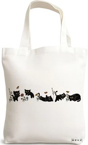 Sacosa de Panza pentru Cumparaturi, Geanta Tote, model Cat and Flowers 13, 38 x 34.5 cm, Alba, BEKZ®