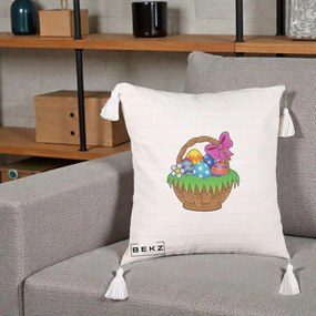 Perna Decorativa Cos cu Oua de Pasti Colorat, 40x40 cm, Bej cu Franjuri, Husa Detasabila, Perna Inclusa, BEKZ®