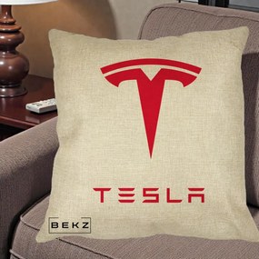 Perna Personalizata cu emblema Tesla, 40x40 cm, Crem, Husa Detasabila, Perna Inclusa, BEKZ®