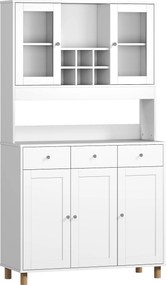 HOMCOM Dulap de bucătărie 180 cm, 2 uși din sticlă, 3 sertare, 4 rafturi reglabile, dulap pentru sufragerie, Spanplatte, Weiß | Aosom Romania