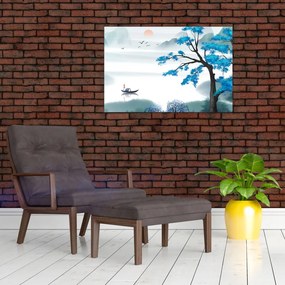 Tablou - Pictură, lac cu barcă (90x60 cm)