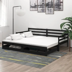 3083703 vidaXL Pat extensibil de zi, 2x(90x200) cm, negru, lemn masiv de pin