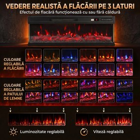 HOMCOM Șemineu Electric de Podea/Încastrabil, 3 Laturi, cu Telecomandă, 750/1500W, Efect Flacără 3D 12 Culori, 5 Niveluri de Luminozitate | Aosom Romania