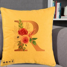 Cadou Personalizat - Perna Personalizata Monograma Rose Gold Litera R, 40x40 cm, Galben, Husa Detasabila, Perna Inclusa, BEKZ®