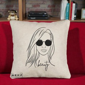 Perna Decorativa Beauty Girl Line Art, 40x40 cm, Bej Canapea, Husa Detasabila, Perna Inclusa, BEKZ®